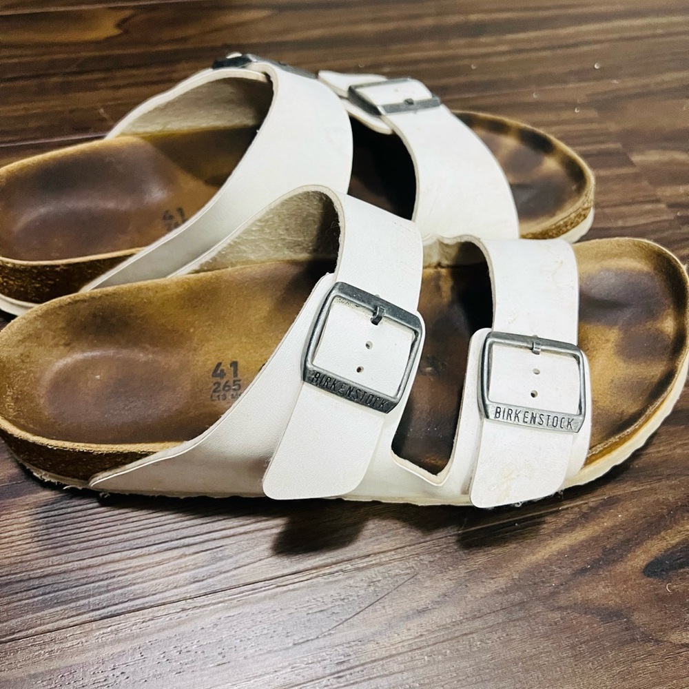 Birkenstock White Slide Sandals with Metal Buckles
